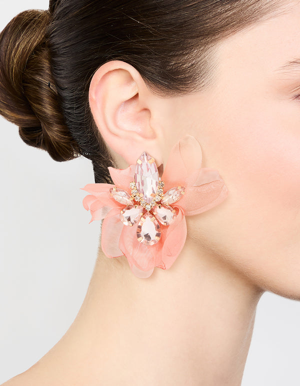 Pink Fabric Diamante Marquise Cluster Flower Petal Earrings