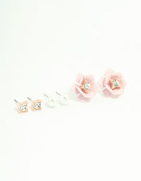 Rose Gold Diamante Pearl & Flower Stud Earrings 3-Pack - link has visual effect only