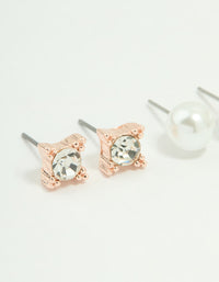 Rose Gold Diamante Pearl & Flower Stud Earrings 3-Pack - link has visual effect only