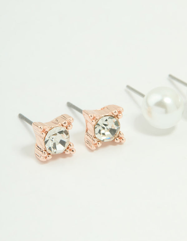 Rose Gold Diamante Pearl & Flower Stud Earrings 3-Pack