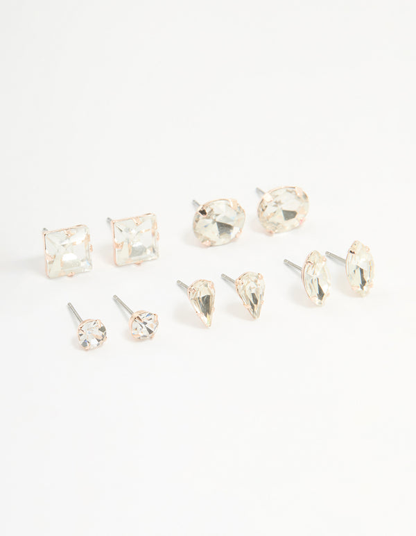 Rose Gold Diamante Mixed Cut Stud Earrings 5-Pack