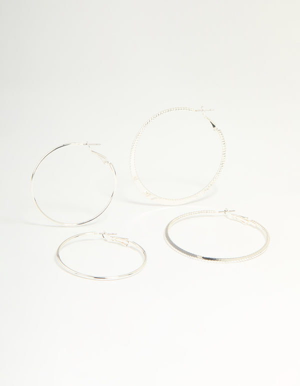 Silver Textured & Plain Hoop Earrings 2-Pack