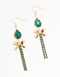 Gold Green Diamante Bow Cupchain Drop Earrings - link has visual effect only