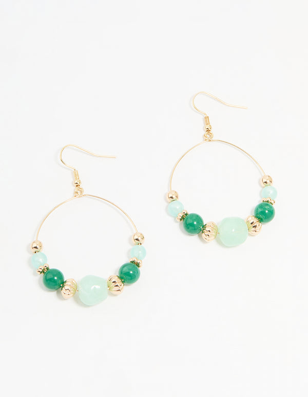Gold Green Beaded Circular Drop Earrings