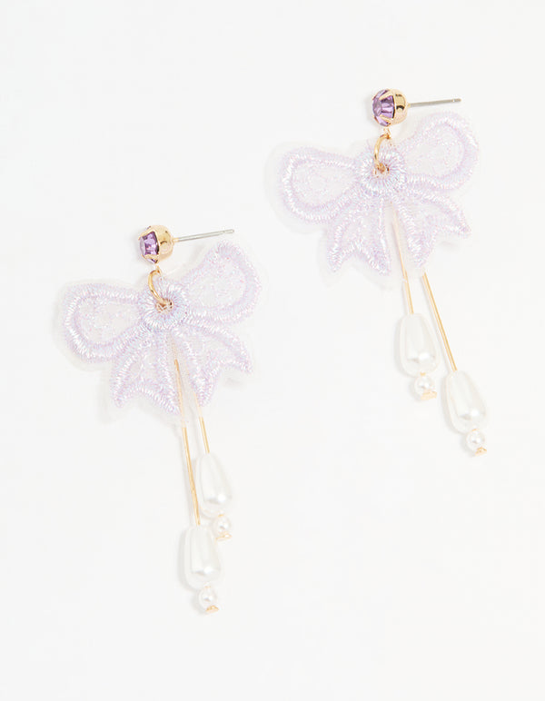 Gold Pearl Mesh Bow Drop Earrings