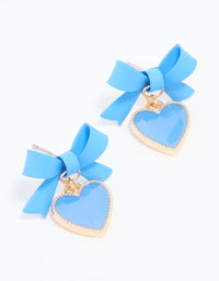 Gold Blue Coated Metal Bow Heart Drop Earrings - link has visual effect only