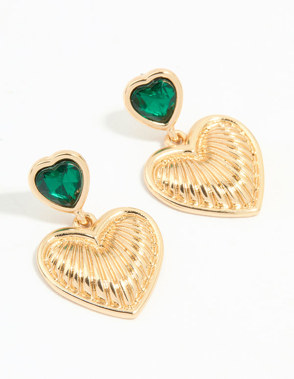 Gold Green Diamante Tiered Heart Drop Earrings