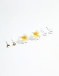 Silver Diamante Pearl & Frangipani Earrings 3-Pack - link has visual effect only