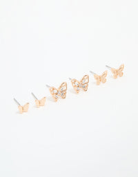 Gold Diamante & Sleek Butterfly Stud Earrings 3-Pack - link has visual effect only