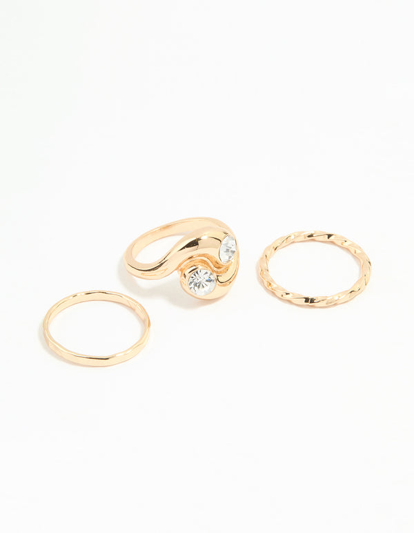 Gold Plated Thick Diamante Twisted Rings 3-Pack