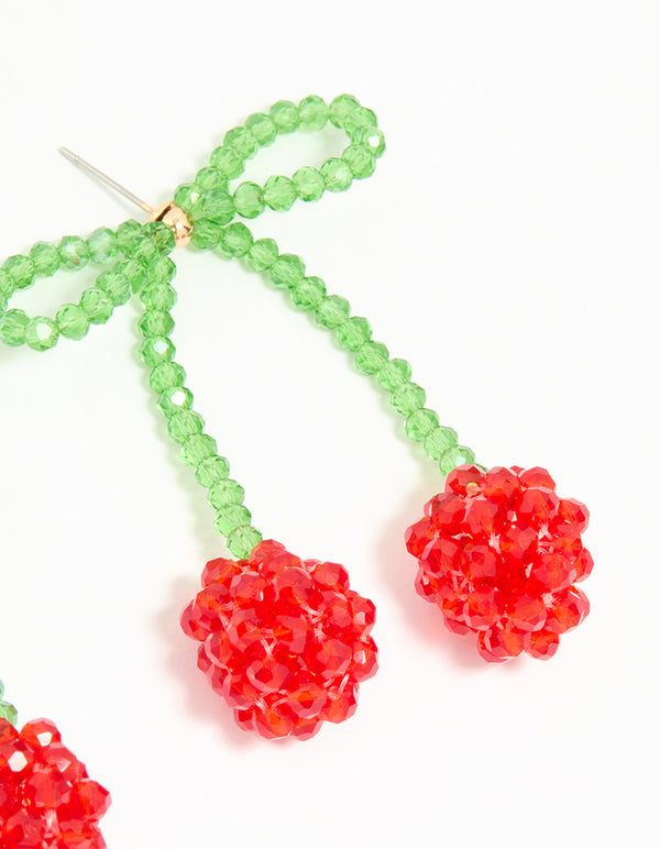 Beaded Red Cherry Bow Drop Earrings