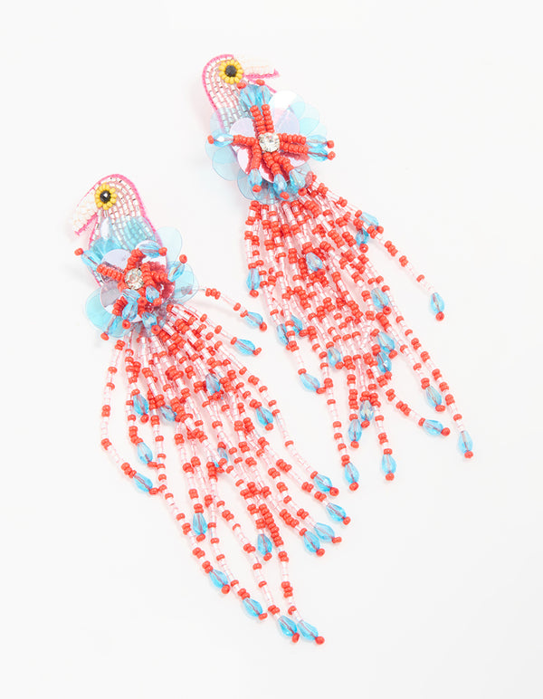 Pink Beaded Flamingo Tail Drop Earrings