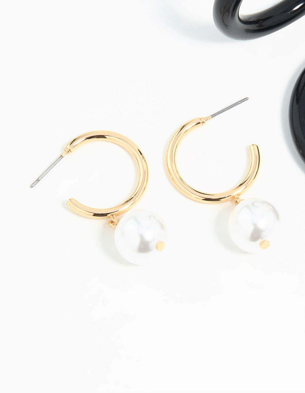 Gold & Dark Blue Pearl  Drop Hoop Earrings 3-Pack