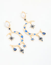Gold Pearl Blue Diamante Celestial Drop Earrings - link has visual effect only