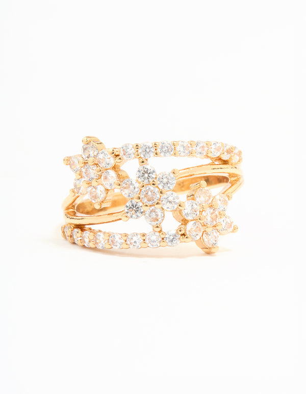 Gold Plated Cubic Zirconia Flower Stacked Ring