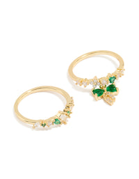 Gold Plated Green Cubic Zirconia Bow & Dainty Rings 2-Pack - link has visual effect only