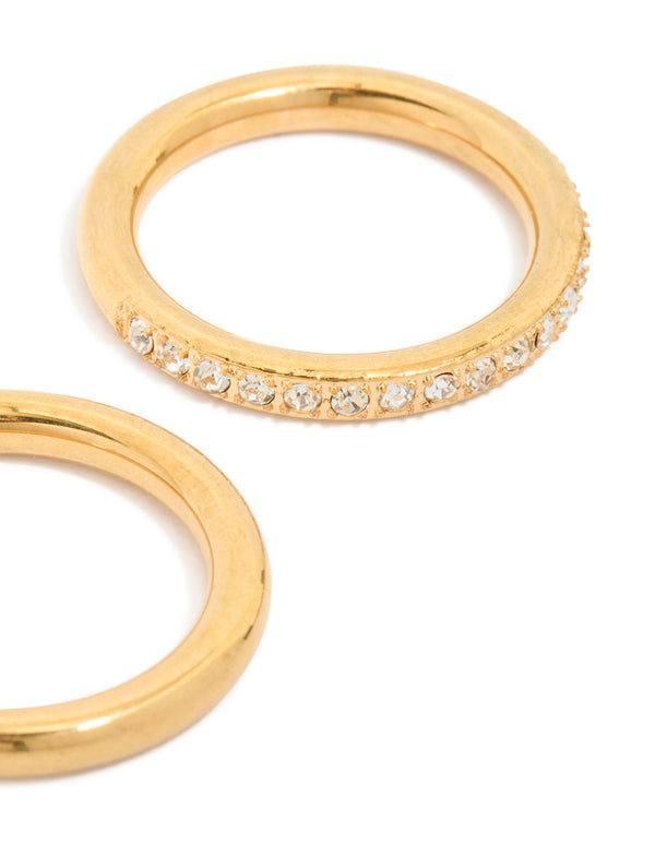 Detailed waterproof gold plated triple band stacking rings in a 3-pack close up view