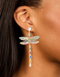 Gold Multicoloured Diamante Dragonfly Drop Earrings - link has visual effect only