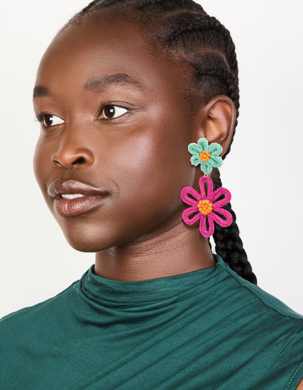 Gold Double Blue & Pink Statement Flower Drop Earrings