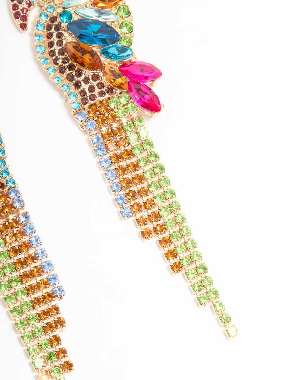 Gold Multicoloured Diamante Parrot Drop Earrings