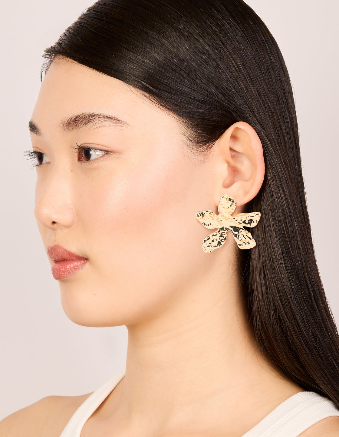 Gold Textured Flower Large Stud Earrings