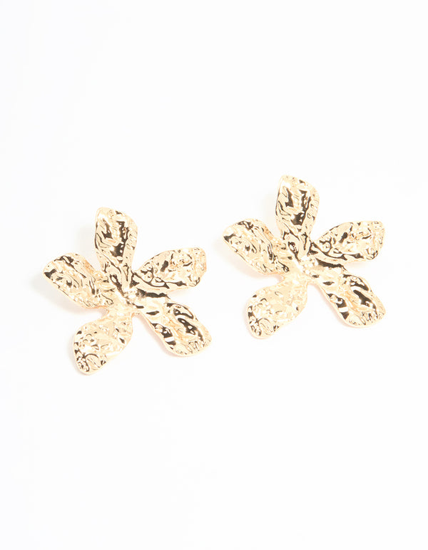 Gold Textured Flower Large Stud Earrings