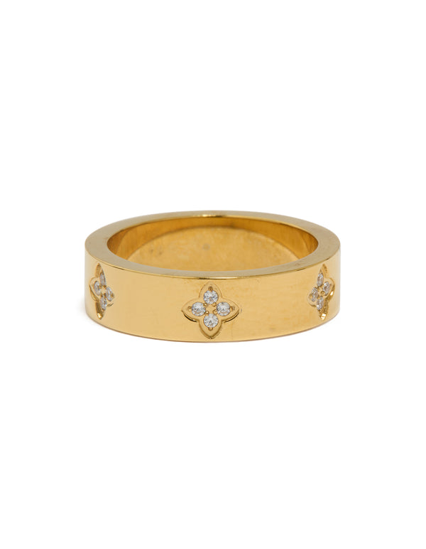 Waterproof Gold Plated Stainless Steel Cubic Zirconia Flower Band Ring