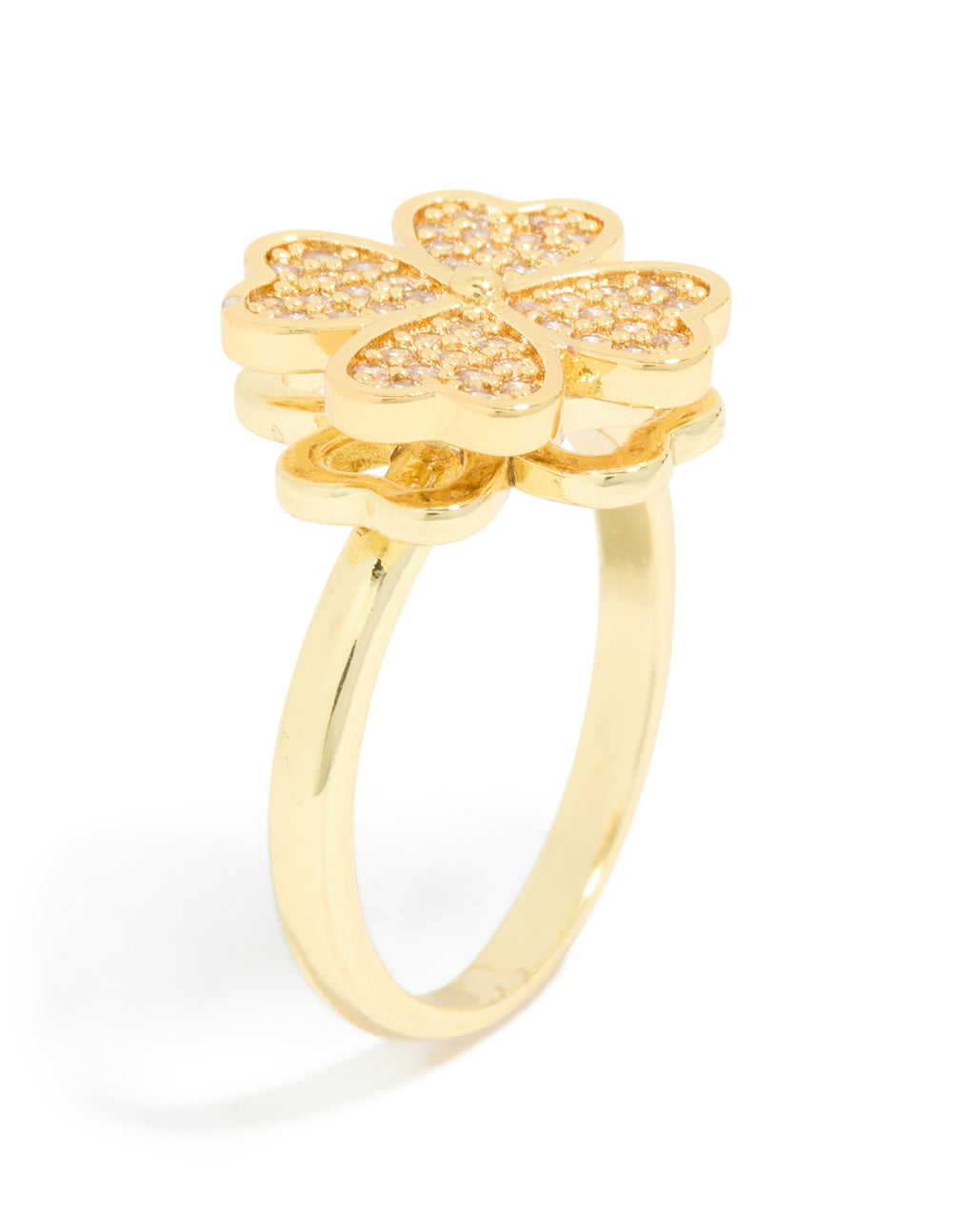 Presenting a waterproof gold plated stainless steel spinning clover ring with floral and heart in statement style close up view