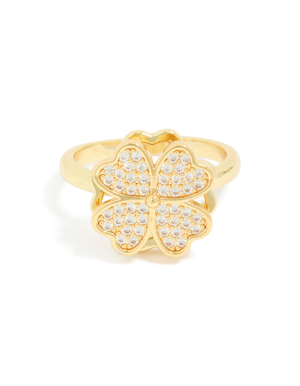 Displaying a waterproof gold plated stainless steel spinning clover ring with floral and heart in statement style front view