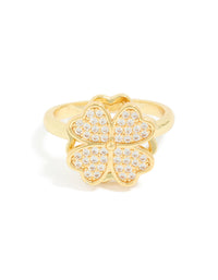 Displaying a waterproof gold plated stainless steel spinning clover ring with floral and heart in statement style front view - link has visual effect only