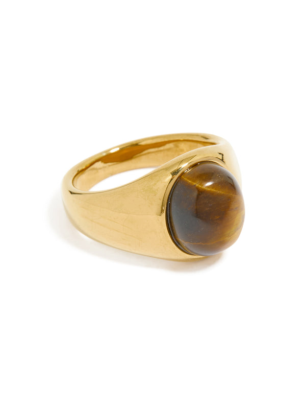 Showcasing a waterproof gold plated stainless steel statement stone ring in brown side detail view