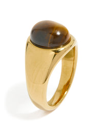 Crafted from waterproof gold plated stainless steel with brown stone statement ring close up view - link has visual effect only