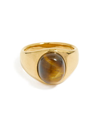 Featuring waterproof gold plated stainless steel and brown cabochon stone statement ring front view - link has visual effect only