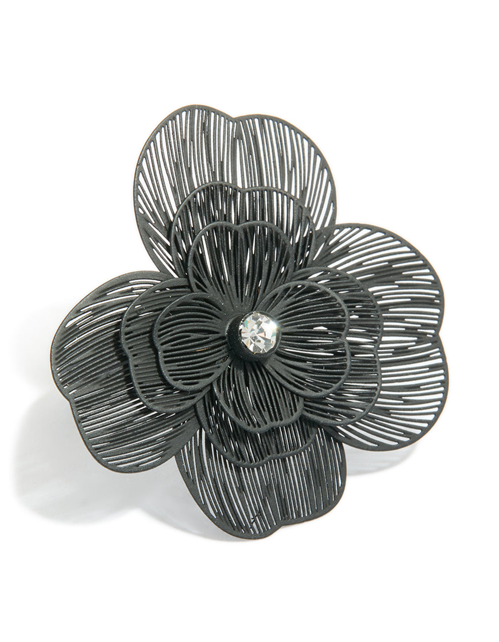 Featuring a black flower statement ring with silver finish front view