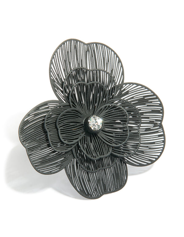 Featuring a black flower statement ring with silver finish front view