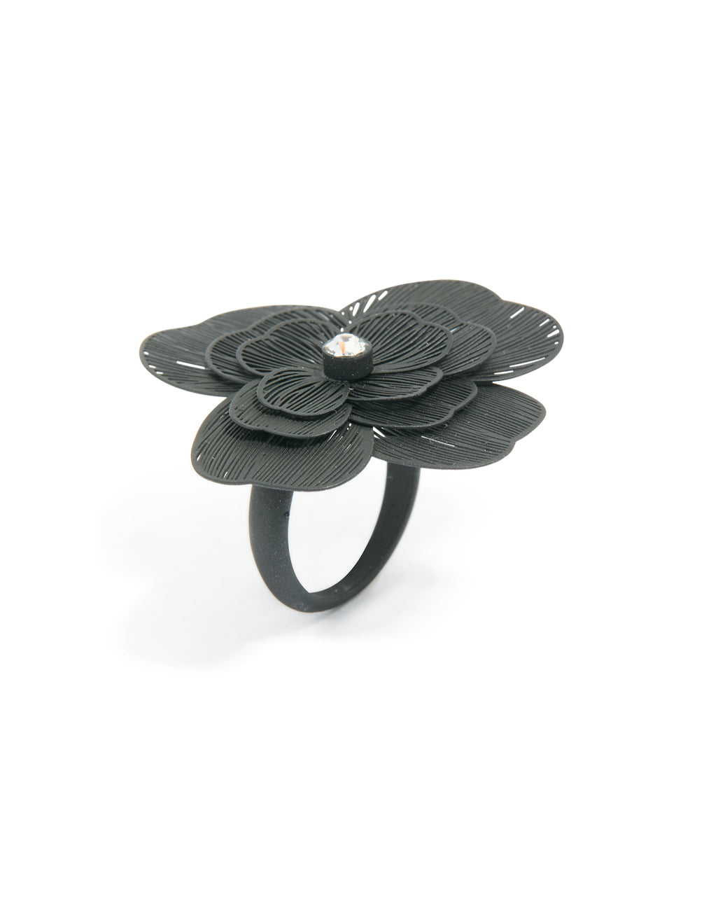 Designed with black flower statement ring in silver side detail view
