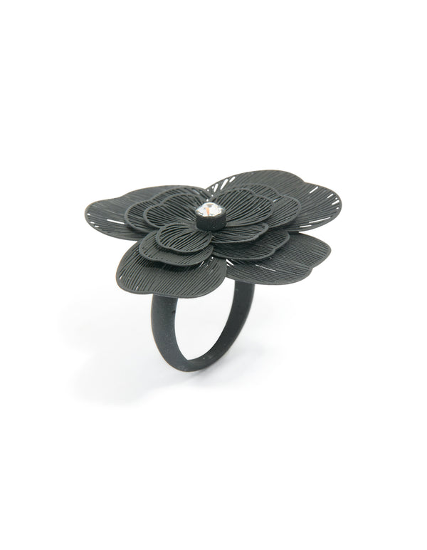 Designed with black flower statement ring in silver side detail view