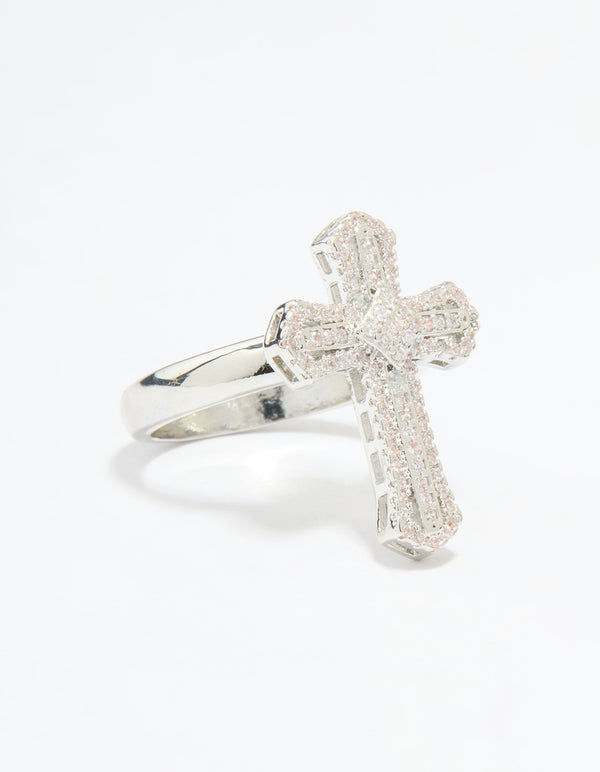 Silver Plated Cubic Zirconia Statement Cross Ring