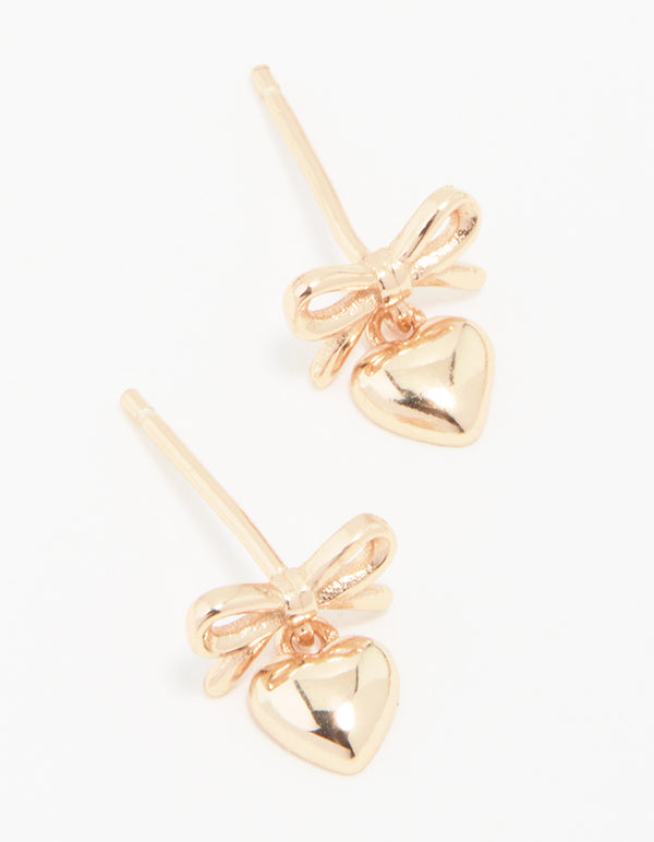 Rose Gold Plated Sterling Silver Bow & Heart Stud Earrings