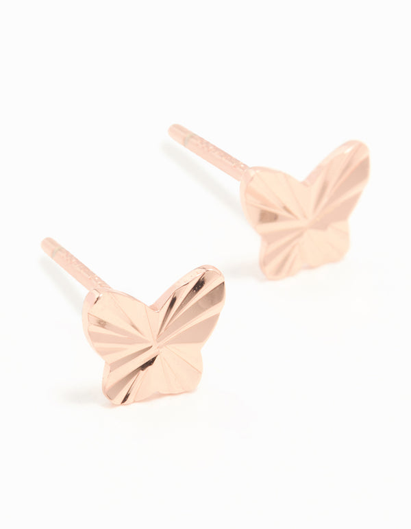 Rose Gold Plated Sterling Silver Ribbed Butterfly Stud Earrings