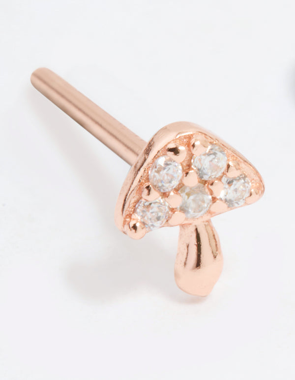 Rose Gold Plated Sterling Silver Cubic Zirconia Tiny Mushroom Stud Earrings