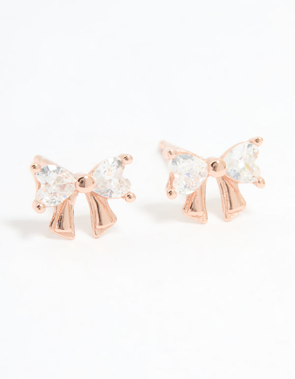 Rose Gold Plated Sterling Silver Cubic Zirconia Bow Stud Earrings