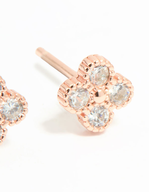 Rose Gold Plated Sterling Silver Cubic Zirconia Flower Stud Earrings