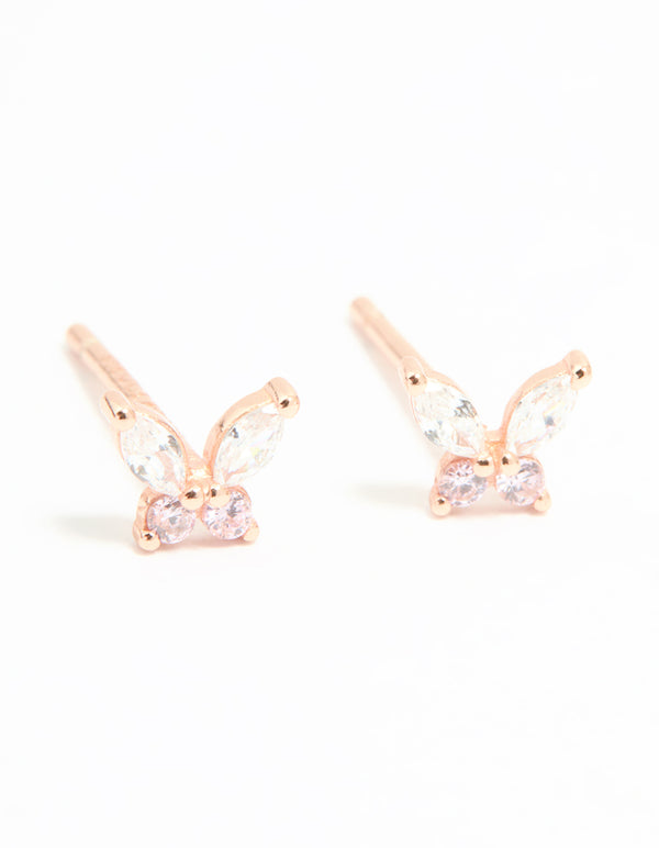 Rose Gold Plated Sterling Silver Cubic Zirconia Butterfly Stud Earrings