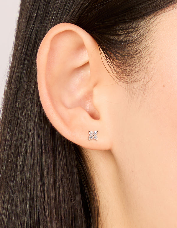 Rose Gold Plated Sterling Silver Cubic Zirconia Flower Mini Stud Earrings