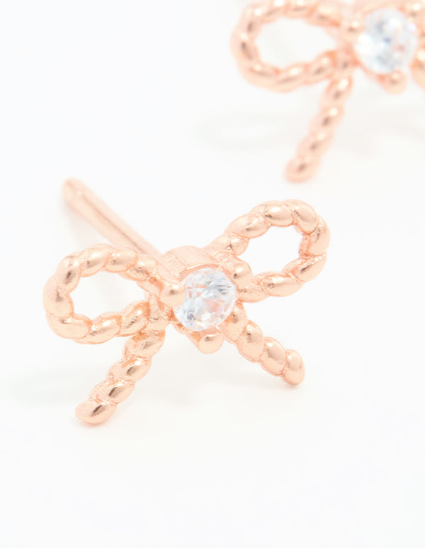 Rose Gold Plated Sterling Silver Cubic Zirconia Textured Bow Stud Earrings