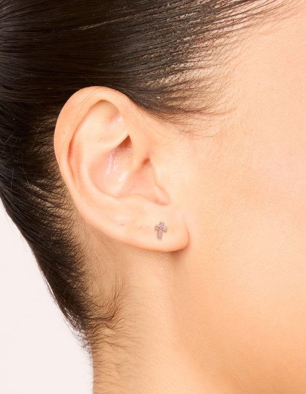 Rose Gold Plated Sterling Silver Cubic Zirconia Mini Cross Stud Earrings