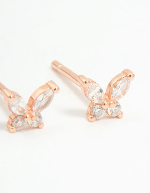 Rose Gold Plated Sterling Silver Cubic Zirconia Classic & Butterfly Stud Earrings 2-Pack