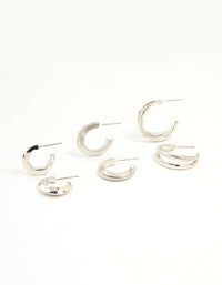 Silver Smooth & Ribbed Hoop Earrings Pack - link has visual effect only