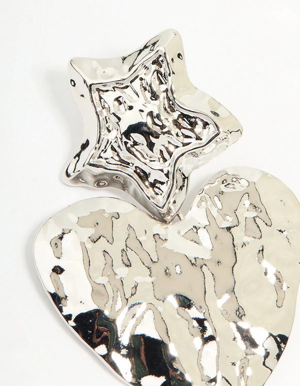 Silver Hammered Star & Heart Drop Earrings